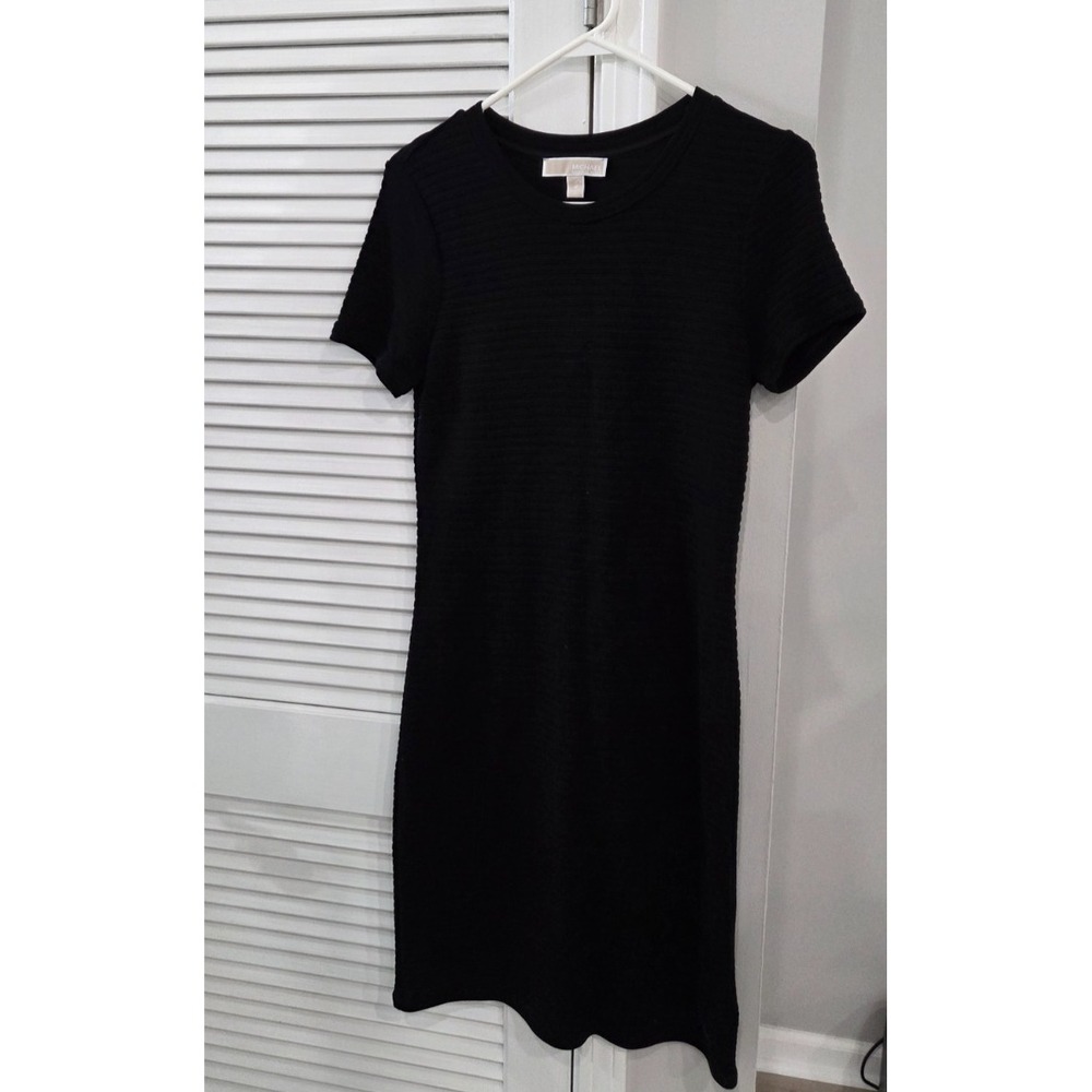 Michael Kors Black Ribbed Knit Dress Round Neck Short Sleeve Midi Medium